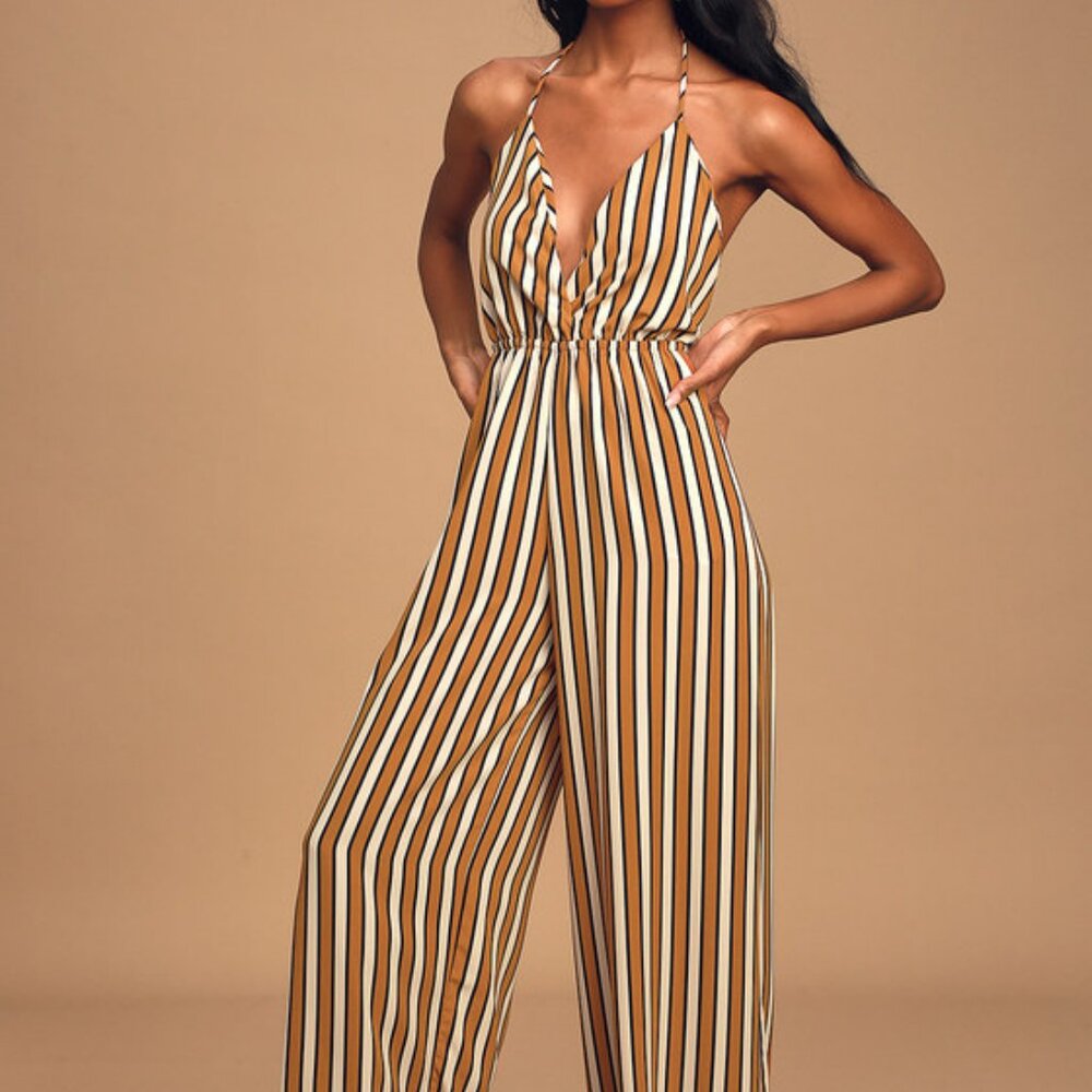 Lulus Blissful Days Tan Striped Wide-leg Halter Jumpsuit Brown - Size L